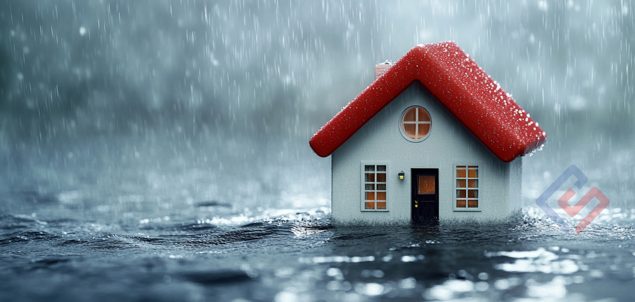 Home insurance against flooding: a house surrounded by water as a symbol of property protection against water damage.