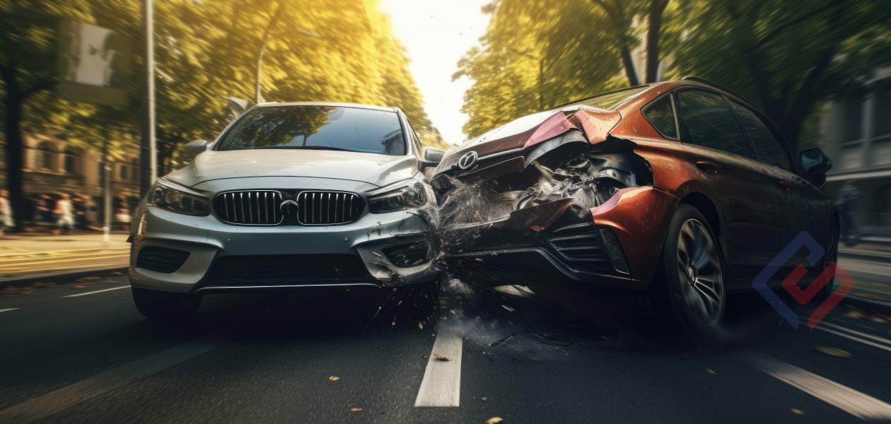 Coliziune între două autoturisme în trafic, cu avarii severe în partea frontală