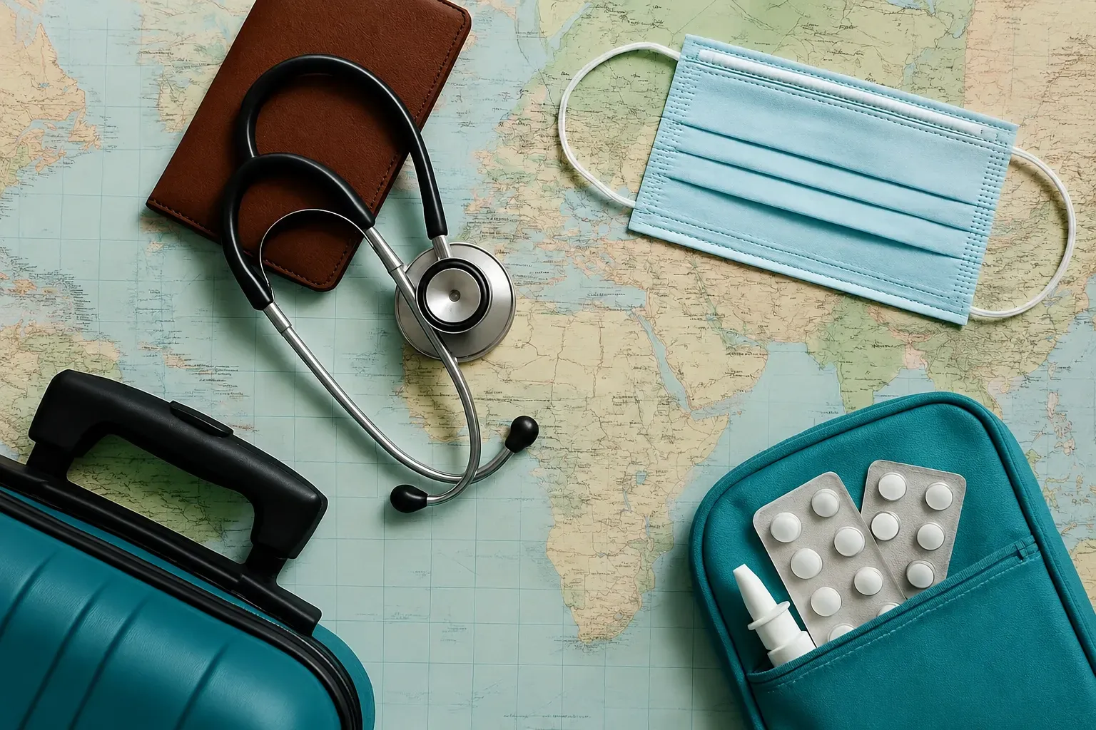 Pașaport, stetoscop și trusă medicală pe o hartă a lumii — pregătirea asigurării medicale de călătorie pentru o ieșire din Moldova în străinătate